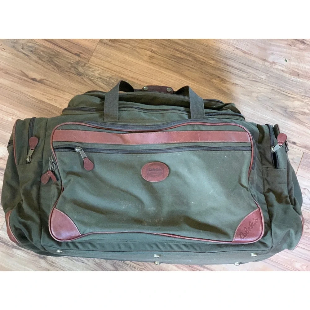 Vintage Cabela's Large Duffle Bag Olive Green Canvas Leather Trim Hunting Travel